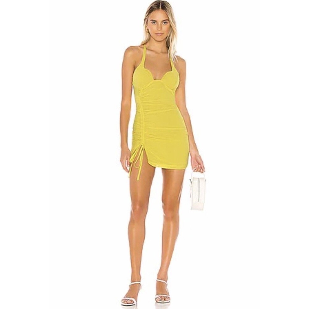 Superdown Irina Ruched Dress Mini Fitted Front Slit Party Yellow Large